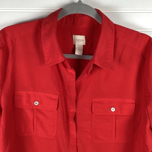 Chicos Shirt Womens Extra Large 2/ M Red Button Up Roll Tab Top Blouse Stretch - Picture 2 of 7
